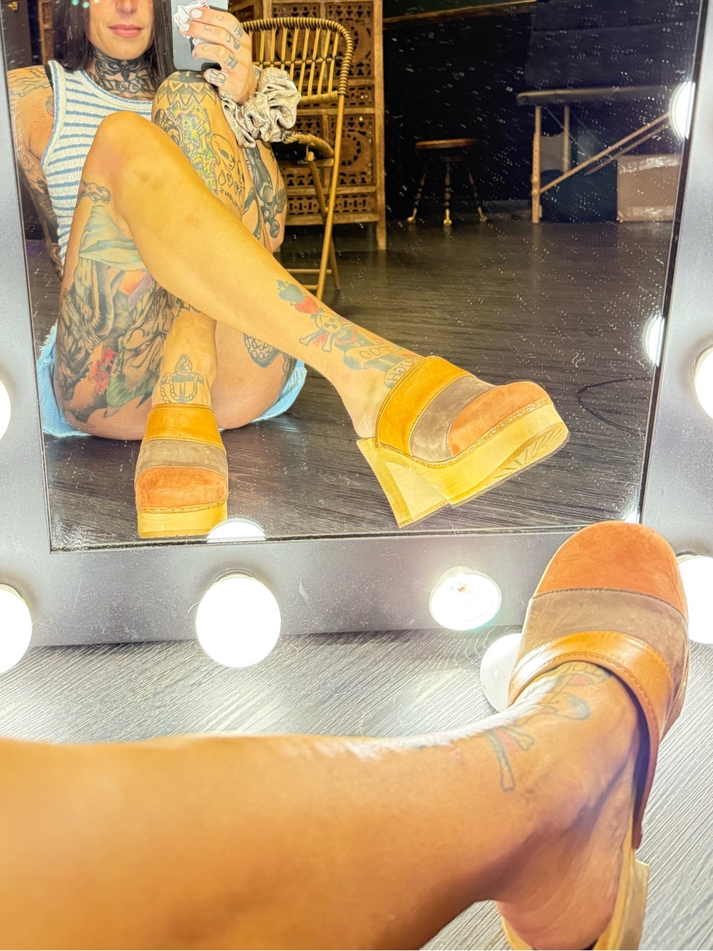 Swedish Hasbeens - Colorblock Platform Clogs - Orange / Brown / Tan - 40 / 9